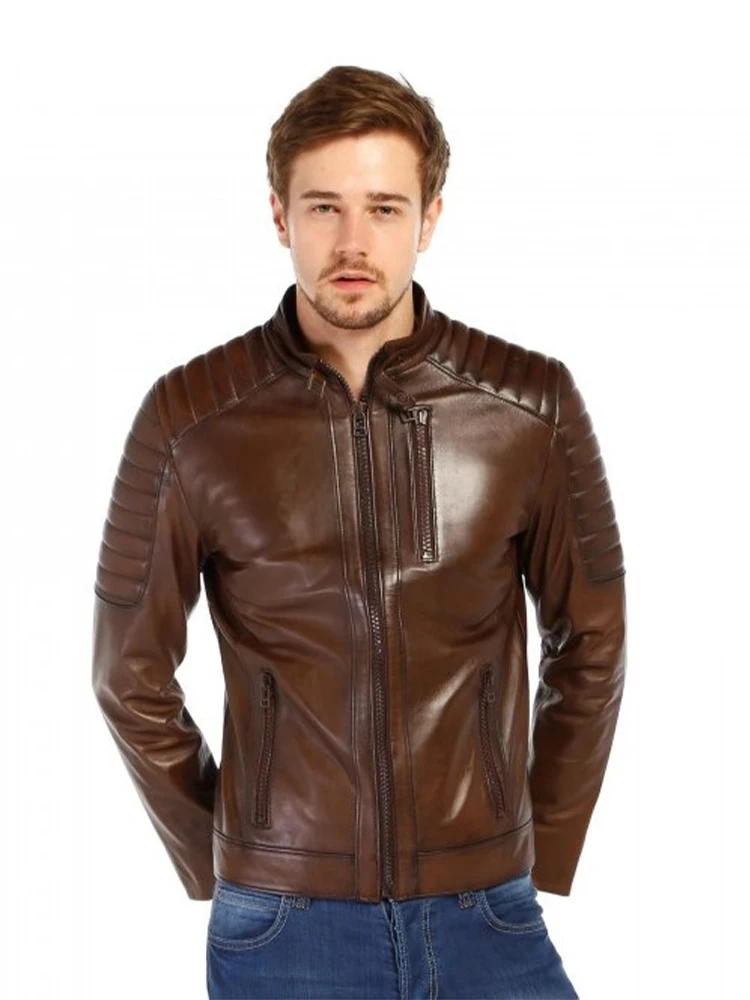 

Genuine Soft Lambskin Leather Jacket Handmade Man Brown Jacket Biker Motorcycle Style Jacket Bomber Real Fur Coat Custom Product
