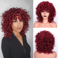 junsi short curly synthetic wig natural wigs red wine pink yellow orange american woman cosplay