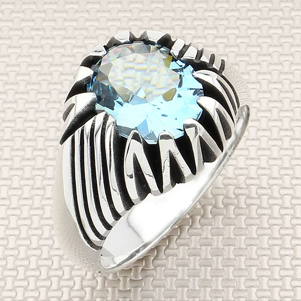 

Futuristic Design Oval Turquoise Blue Zircon Raw Gemstone Sterling Silver Men's Ring Jewelry Gift for Birthdays for Friends