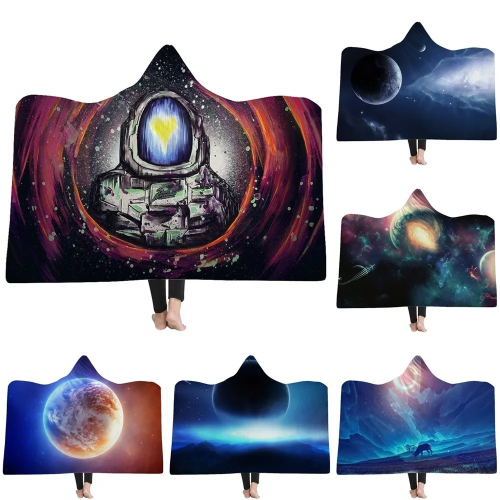 Плюшевое одеяло с капюшоном и принтом Галактики для взрослых детей теплый