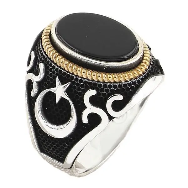 

Мужское серебряное кольцо с овальным черным ониксом, ювелирное изделие со звездой и полумесяцем, подарок отцу для мужа