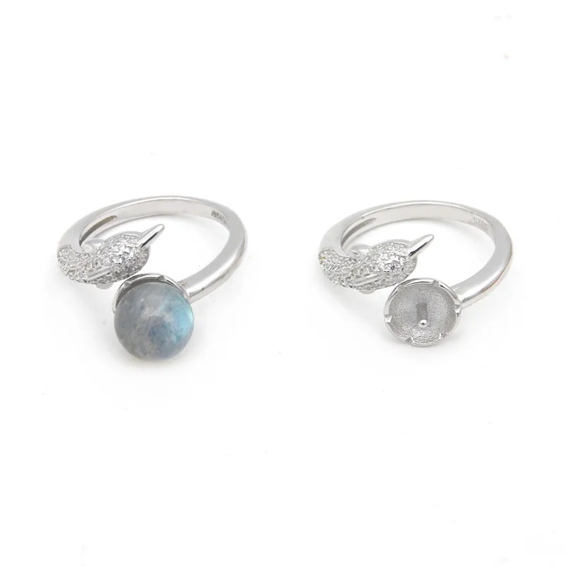 

925 Sterling Silver 16mm Ring Setting Platinum Plated Adjustable Micro Pave Zirconia Tray 8mm For Half Drilled Beads