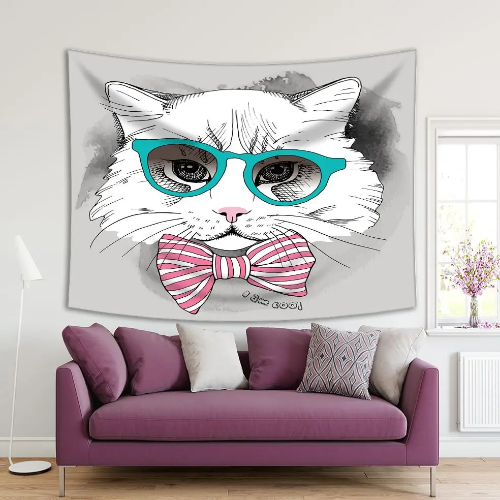 

Tapestry Stylish Cat Wearing Glasses and Bow Tie Fashion Inspration Fun Cartoon Art White Blue Pink