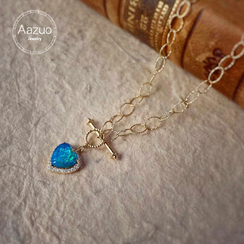 

Aazuo 18K Solid Yellow Gold Real Natural Opal Real Diamonds Heart Shape Necklace With OT Chain Gifted For Woman Engagement Party
