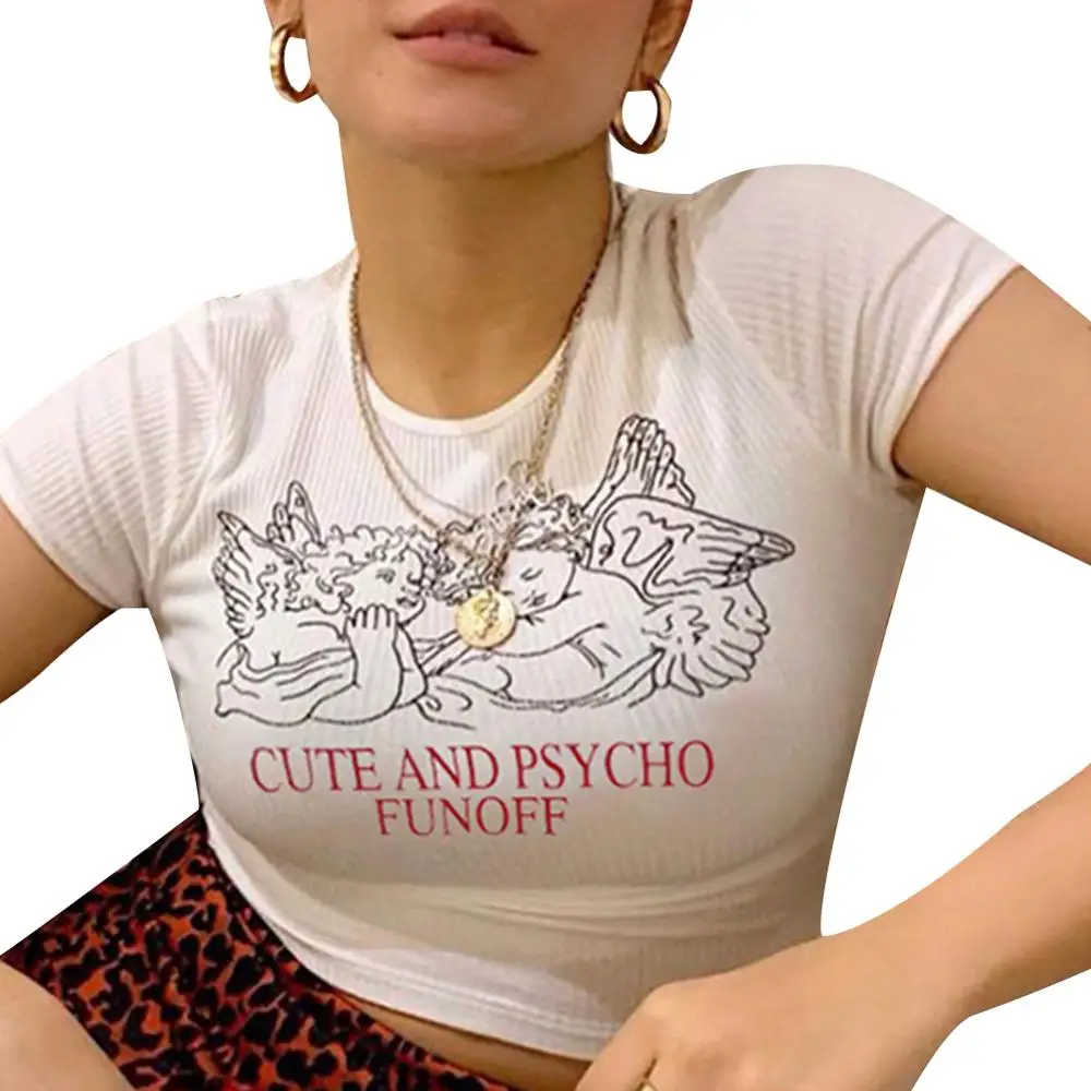 Белая трикотажная укороченная женская футболка с коротким рукавом и круглым