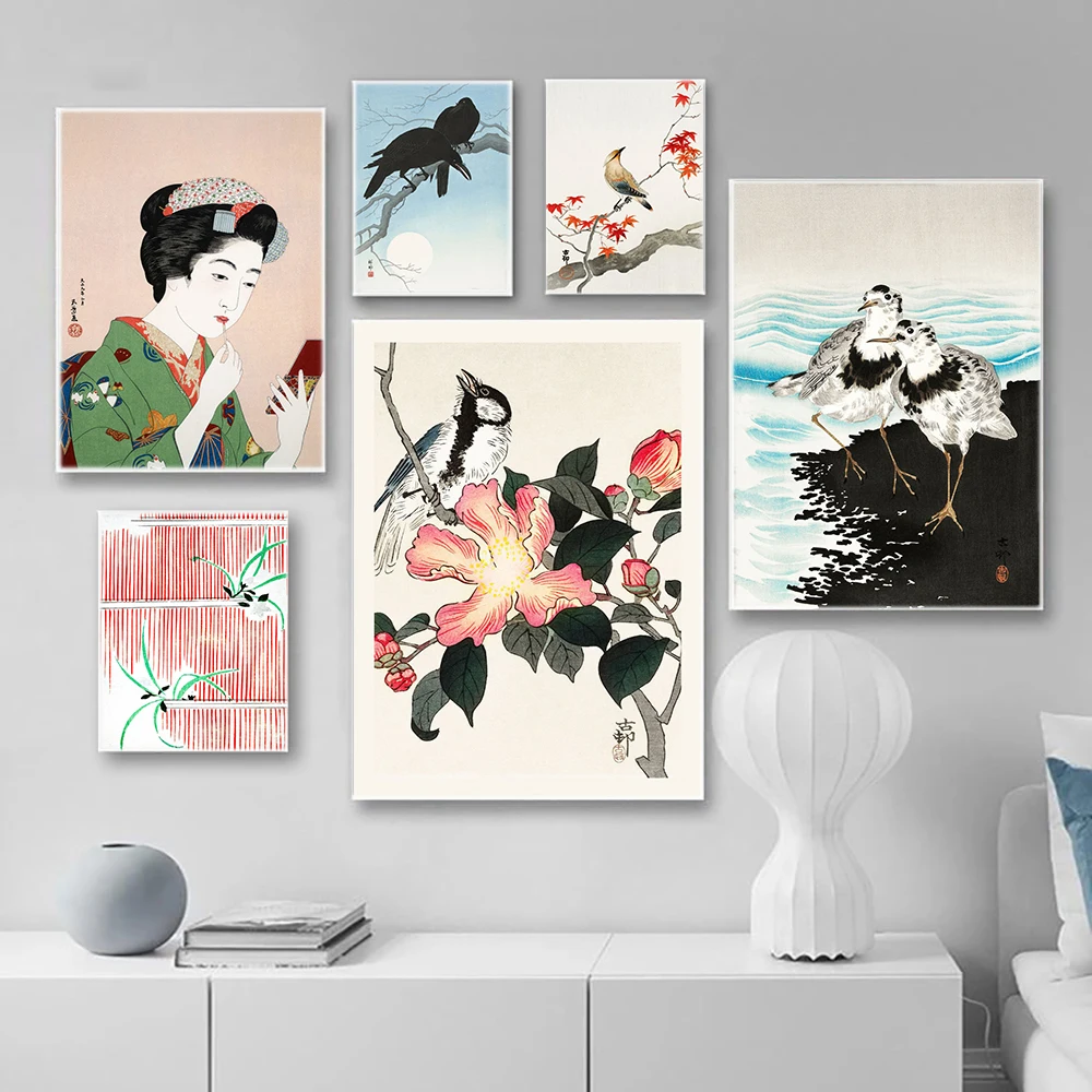

Japanese Crane Bird Canvas Print Painting Woman Applying Rouge Poster Vinatge Morning Glory Vintage Wall Art Pictrues Decor