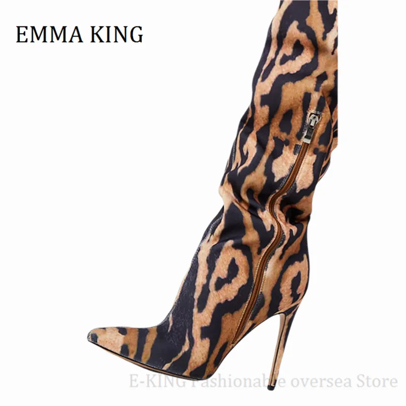 Женские ботфорты с леопардовым принтом привлекательные высокие сапоги на