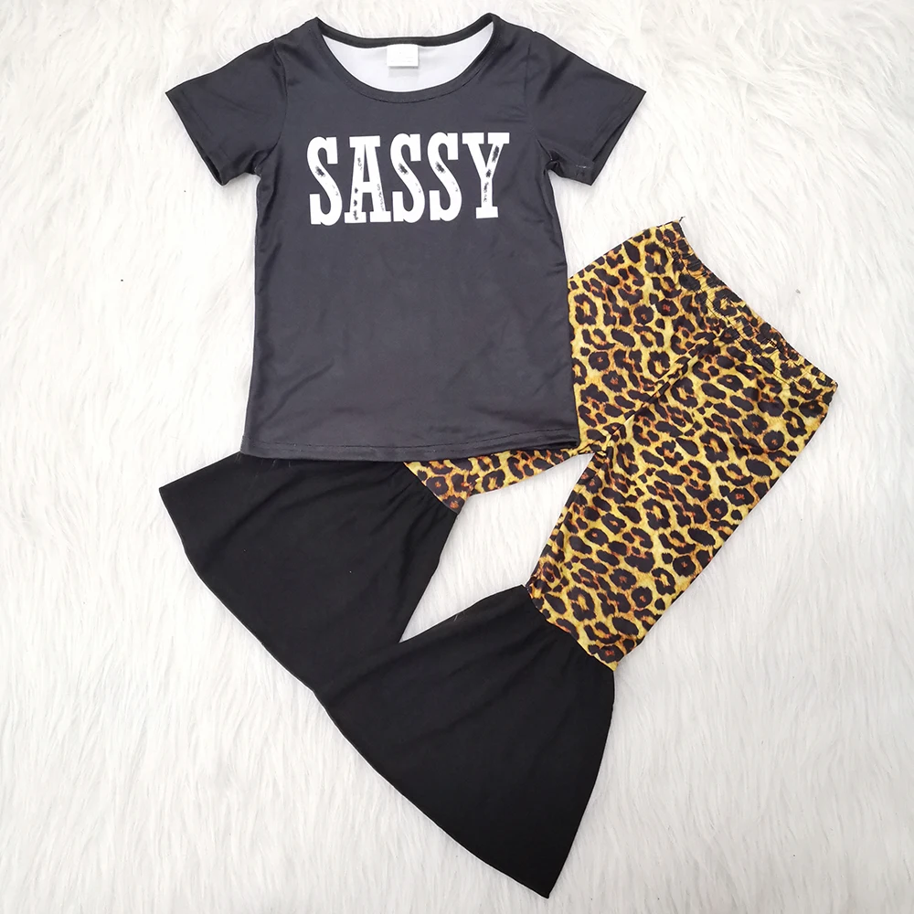 

Spring/Fall Baby Girls Short Sleeve Sassy Shirt Leopard Pattern Bell Bottom Pants Kids Boutique Clothing