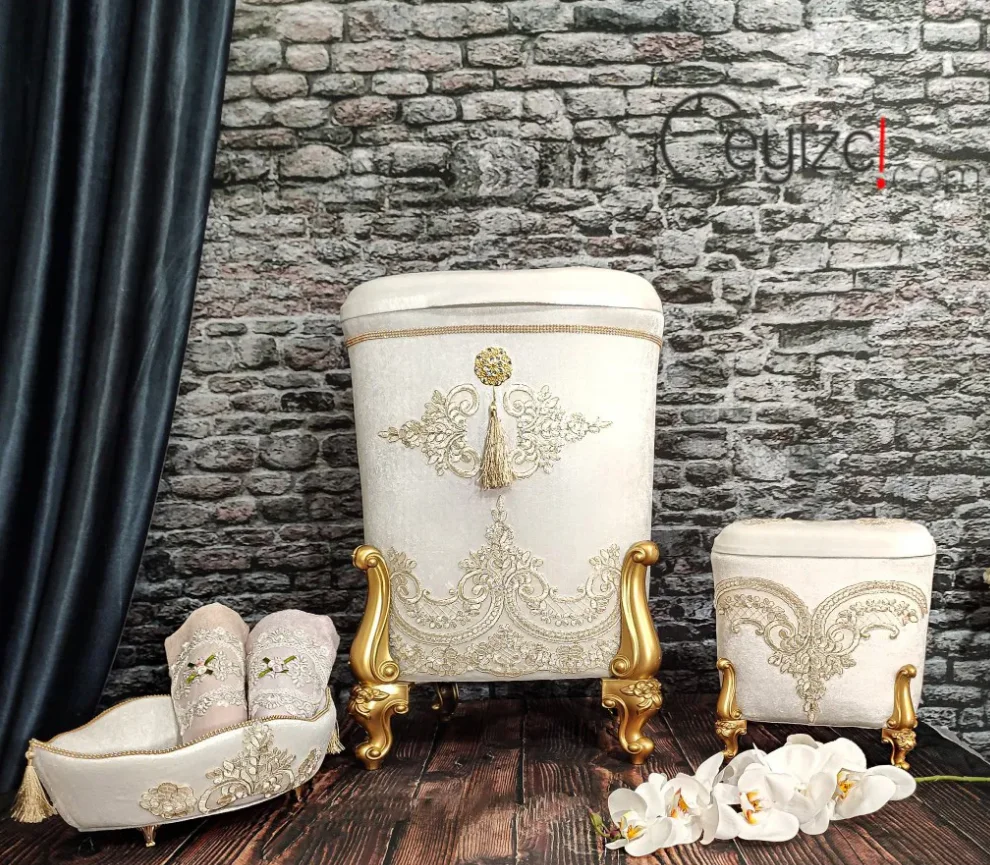 

White Bathroom Chest Bathroom Basket Gold Color Embroidered