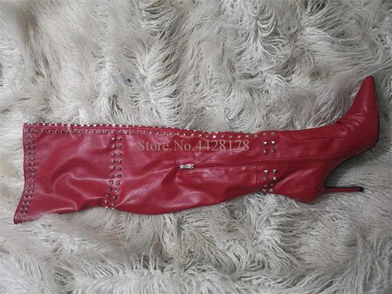 Модные красные сапоги до бедра из искусственной кожи с заклепками зимние женские
