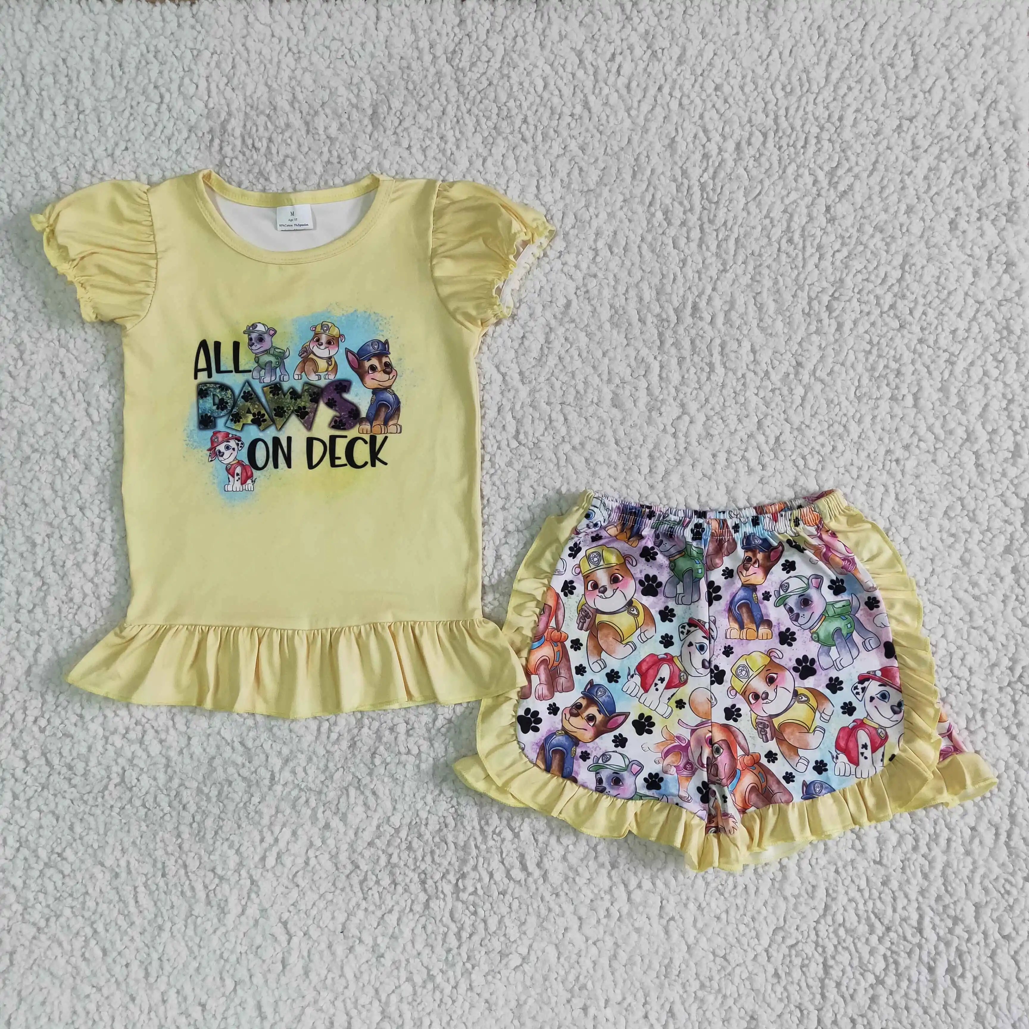 

yellow short sleeve top and cartoon shorts kids clothes set wholesale boutique children baby girl clothing outfit 2 pcs clothing