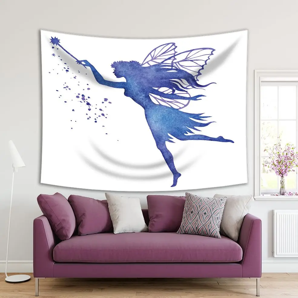

Tapestry Fairy Girl with Magic Wand Silhouette Wizard Elf Dreamy Watercolor Style Blue Illustration Printed