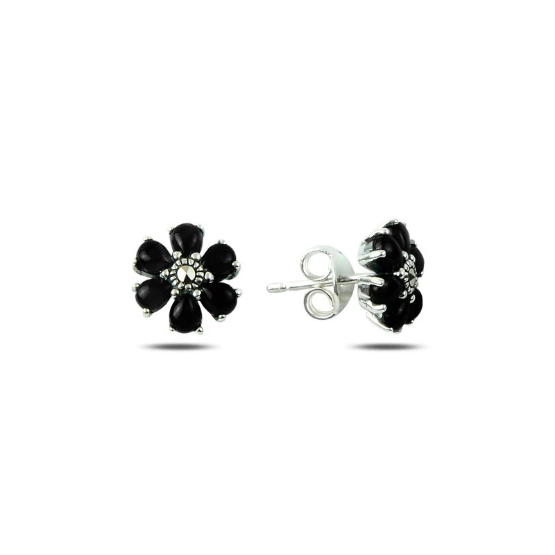 

Silver 925 Sterling Marcasite & Natural Stone Flower Earrings
