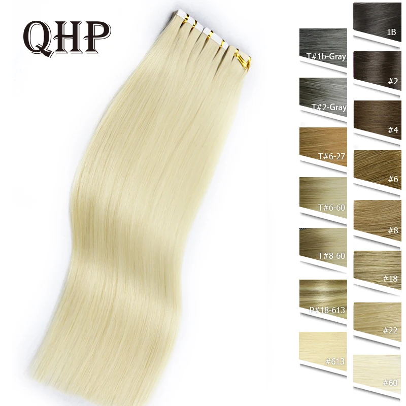 QHP Natural Straight Hair Extensions Tape in human hair extensions   Jet Black Raw Virgin Skin Weft For Long Hair 20 Pcs/set