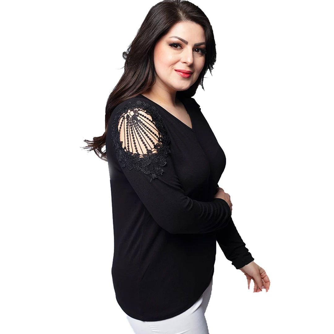 

Women’s Plus Size Hollow Out Shoulder Long Sleeve Black Blouse, Designed And Made In Turkey, New Arrival