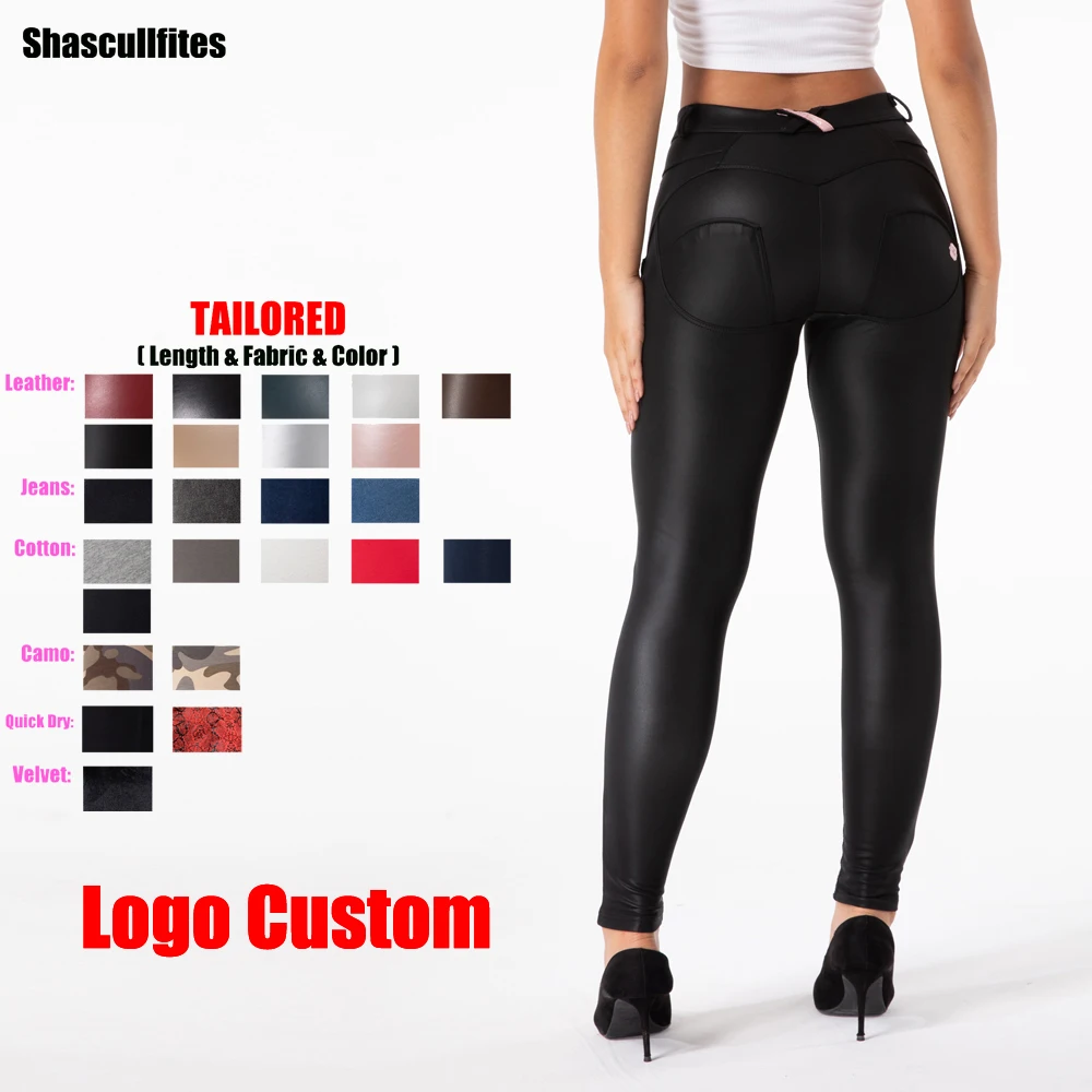 Shascullfites Melody Tailored Pants Women Logo Custom Middle Waist Matt Black Faux Leather Pants Butt Lift Leather Leggings
