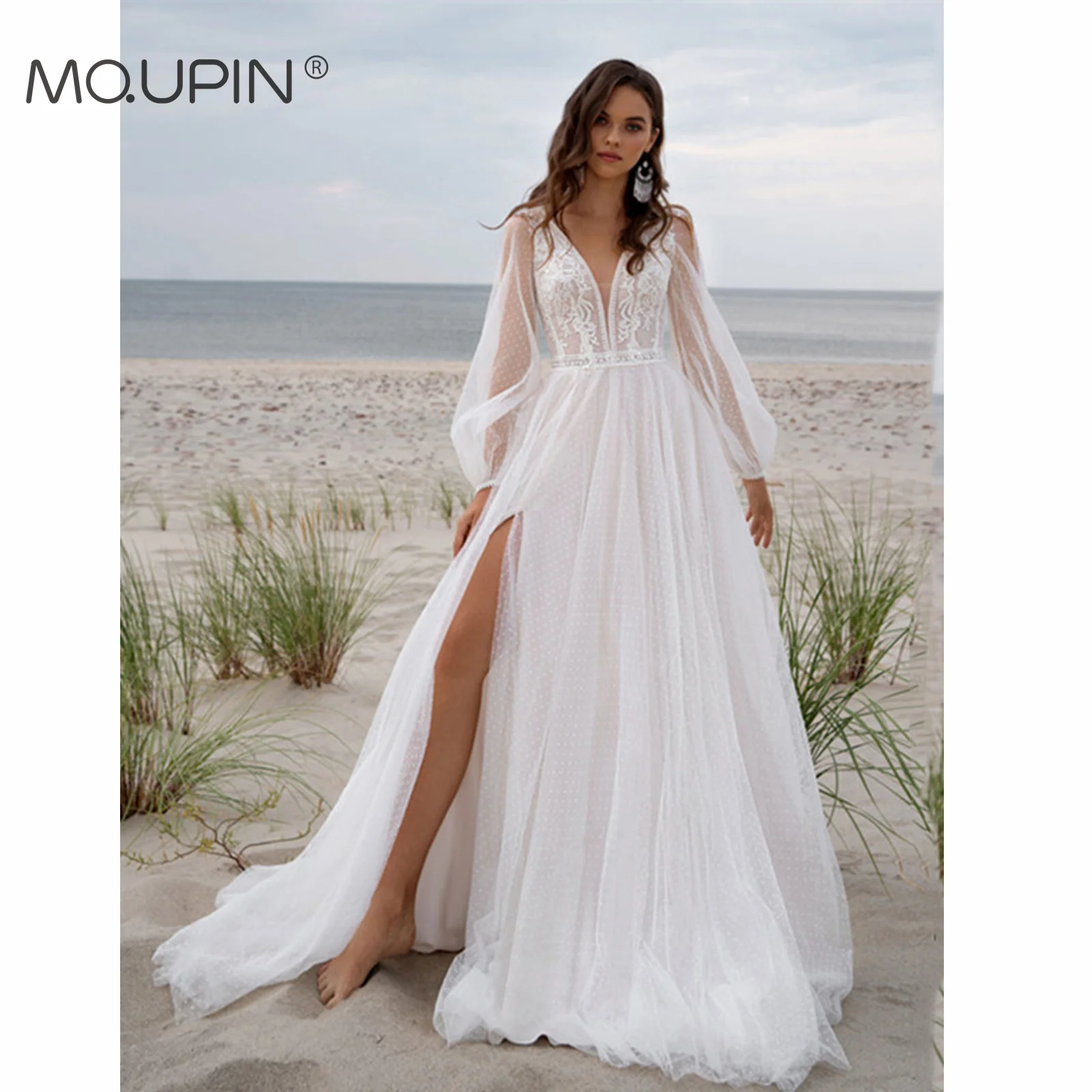 

MQUPIN Bohemian V-Neck Wedding Dress Tulle Long Puff Sleeves Lace Appliques White Bridal Gown Custom Made For Women, Beach A57