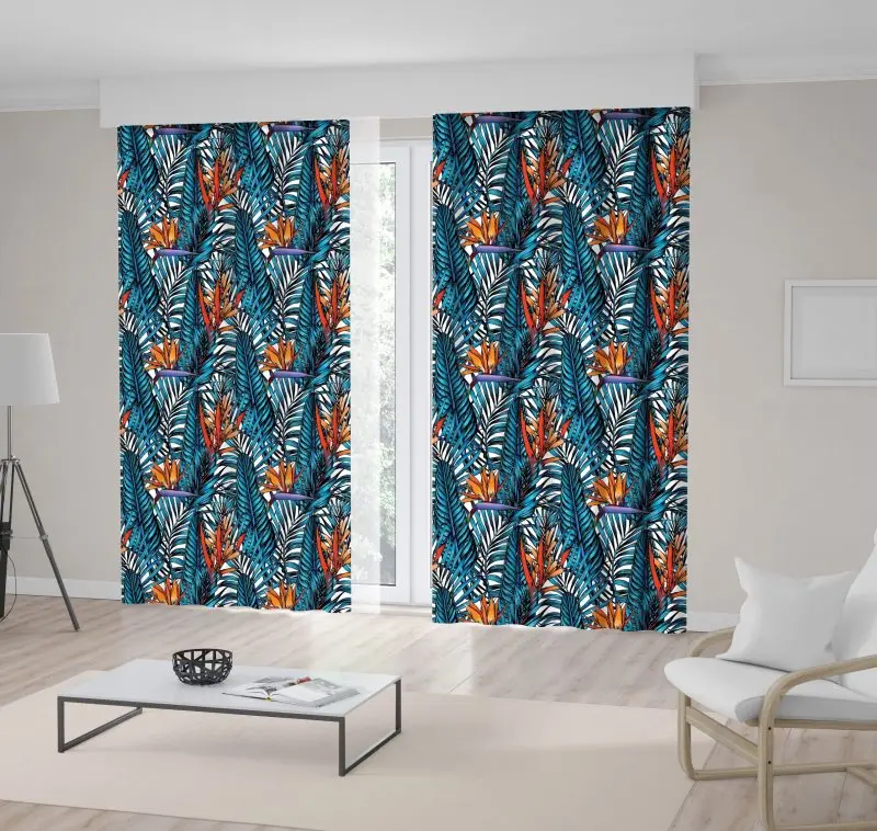 

Curtain Palm Tree Tropical Leaves Illustration Bright Colored Modern Artwork in Orange Blue Printed