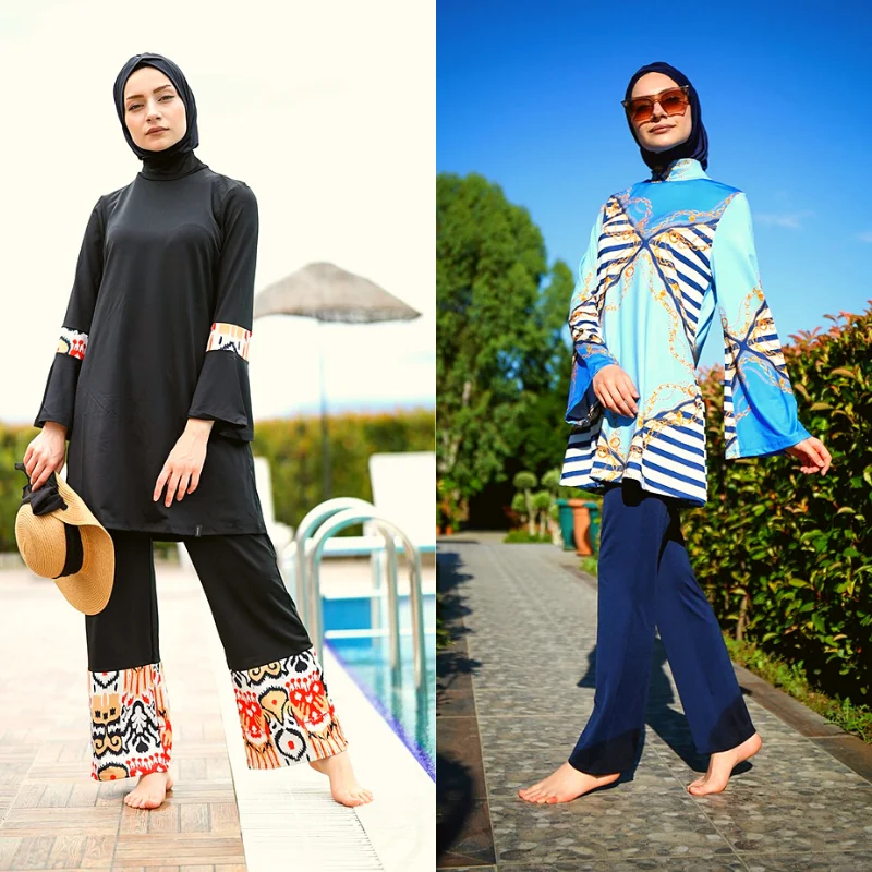 

2021 Muslim Woman 4 pcs Swimwear Islamic Modest Swimming Suit Sport Burkini Women Swimsuit Hijab Bathing Suit Beachwear Abayas