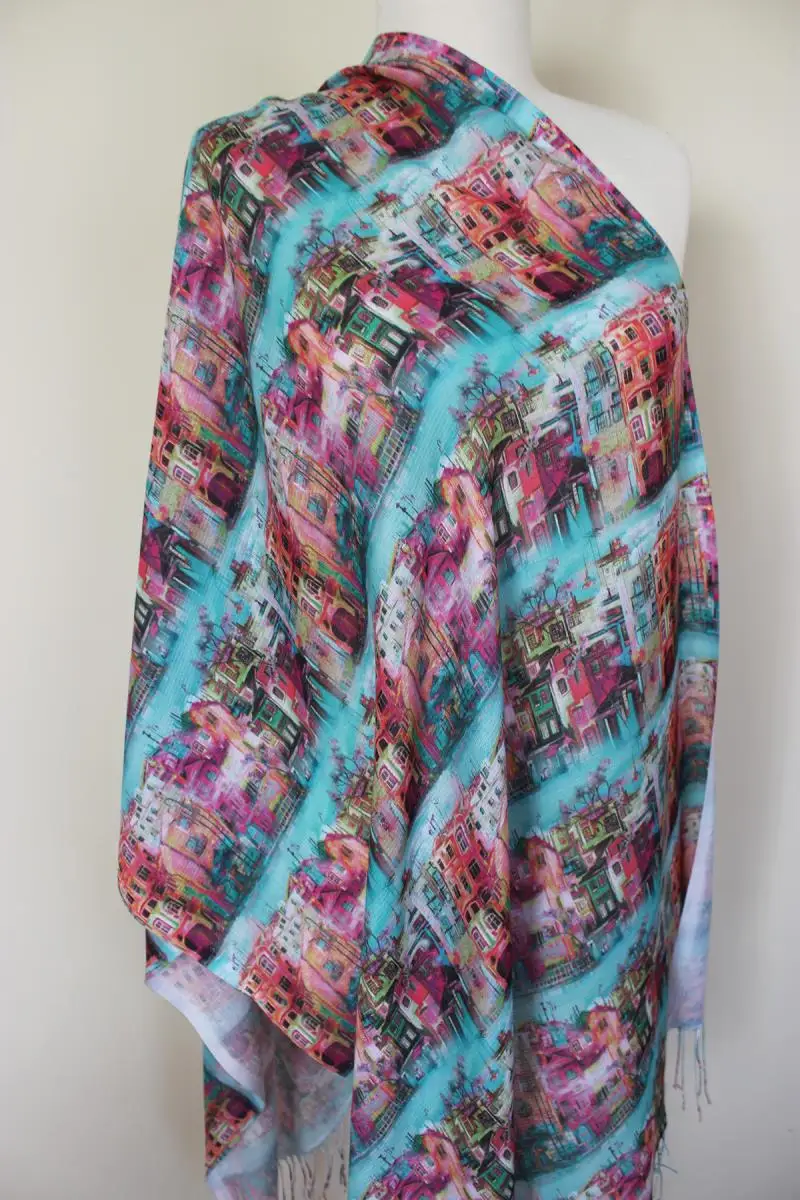 

Watercolor City Patterned Shawl 2021 Women Spring Models Tassel Neck Scarf Printed Soft Fabric Wrap Hot Sale Fast Delivery