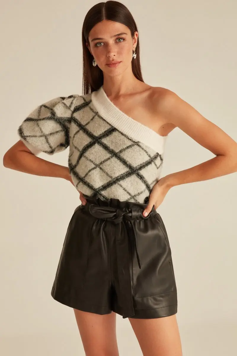 Трикотажный Джемпер с вырезом лодочкой Joinus Checker экрю стильный женский кардиган |