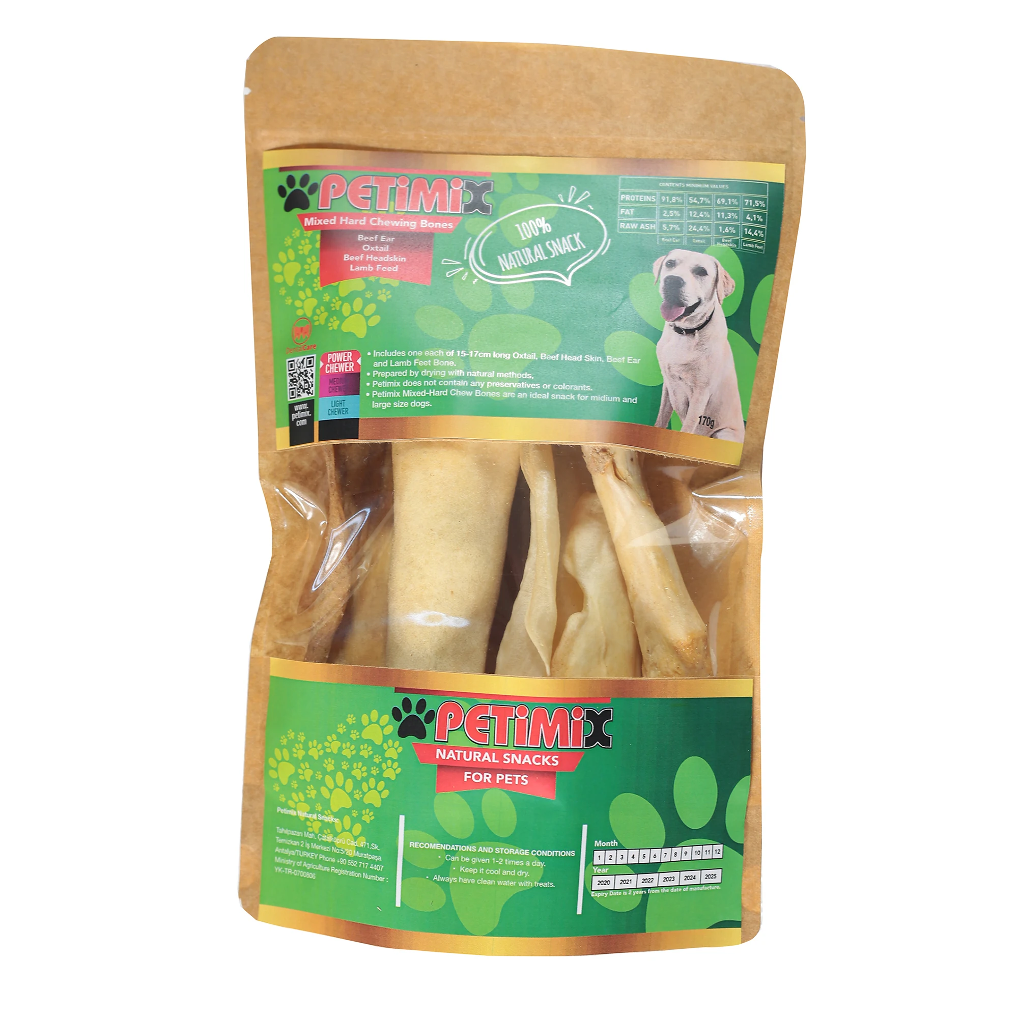 

Petimix Mixed Hard Chewing Bones Natural Snacks for Pets Dog Treats Beef Ear Beef Headskin OxTail Lamb Feet Dental Care 170g
