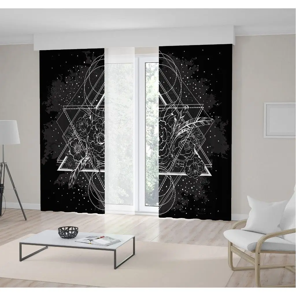 

Curtain Peonies and Feathers on Geometry Dark Background Romantic Mystic Astrology Theme Black White