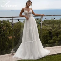 spaghetti straps v neck wedding dress 2021 lace appliques bow back sweep train soft tulle robe de mariee custom made for women