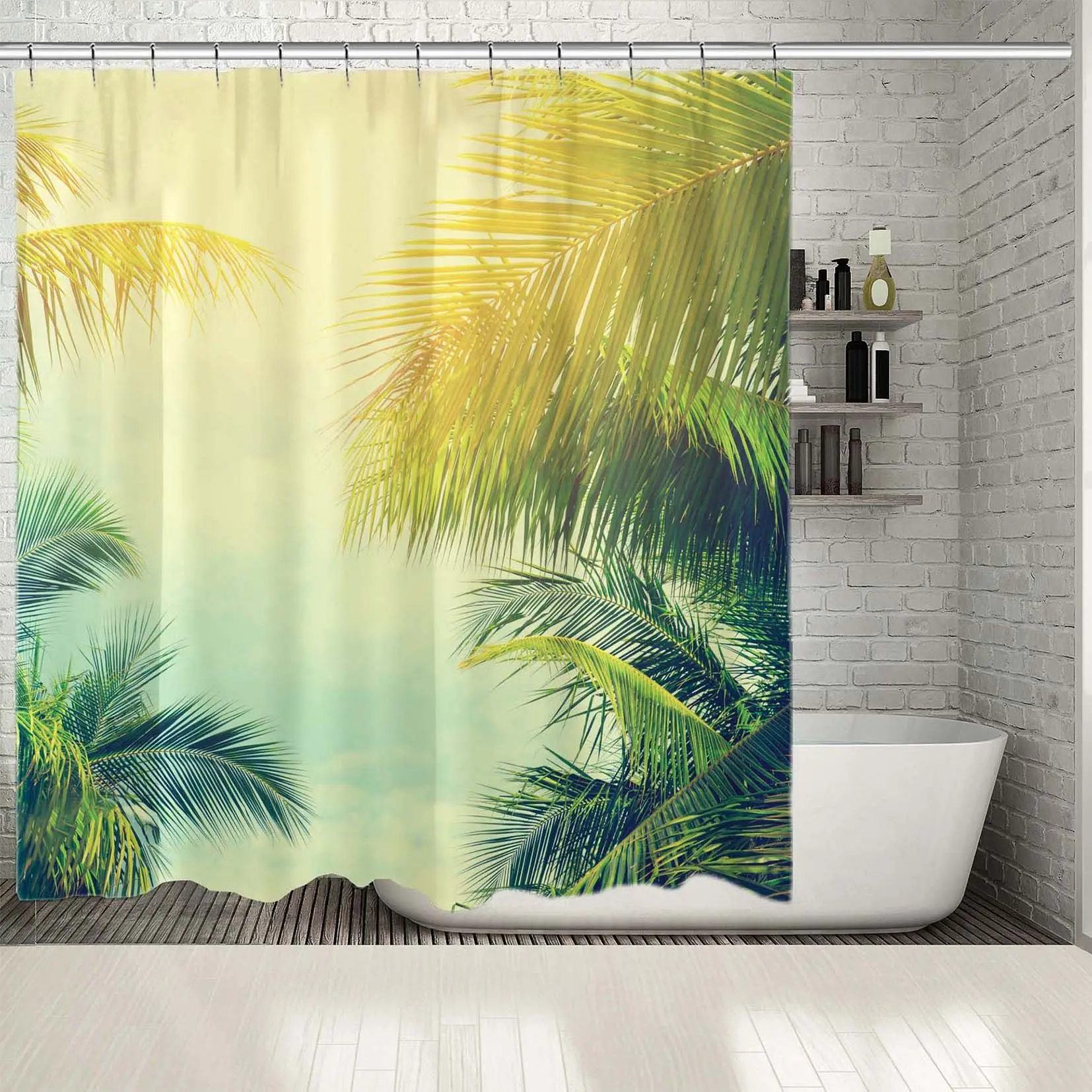 

Shower Curtain Palm Trees Against Sky Tropical Coast Vintage Toned and Stylized Photo Printed Green Beige Yellow