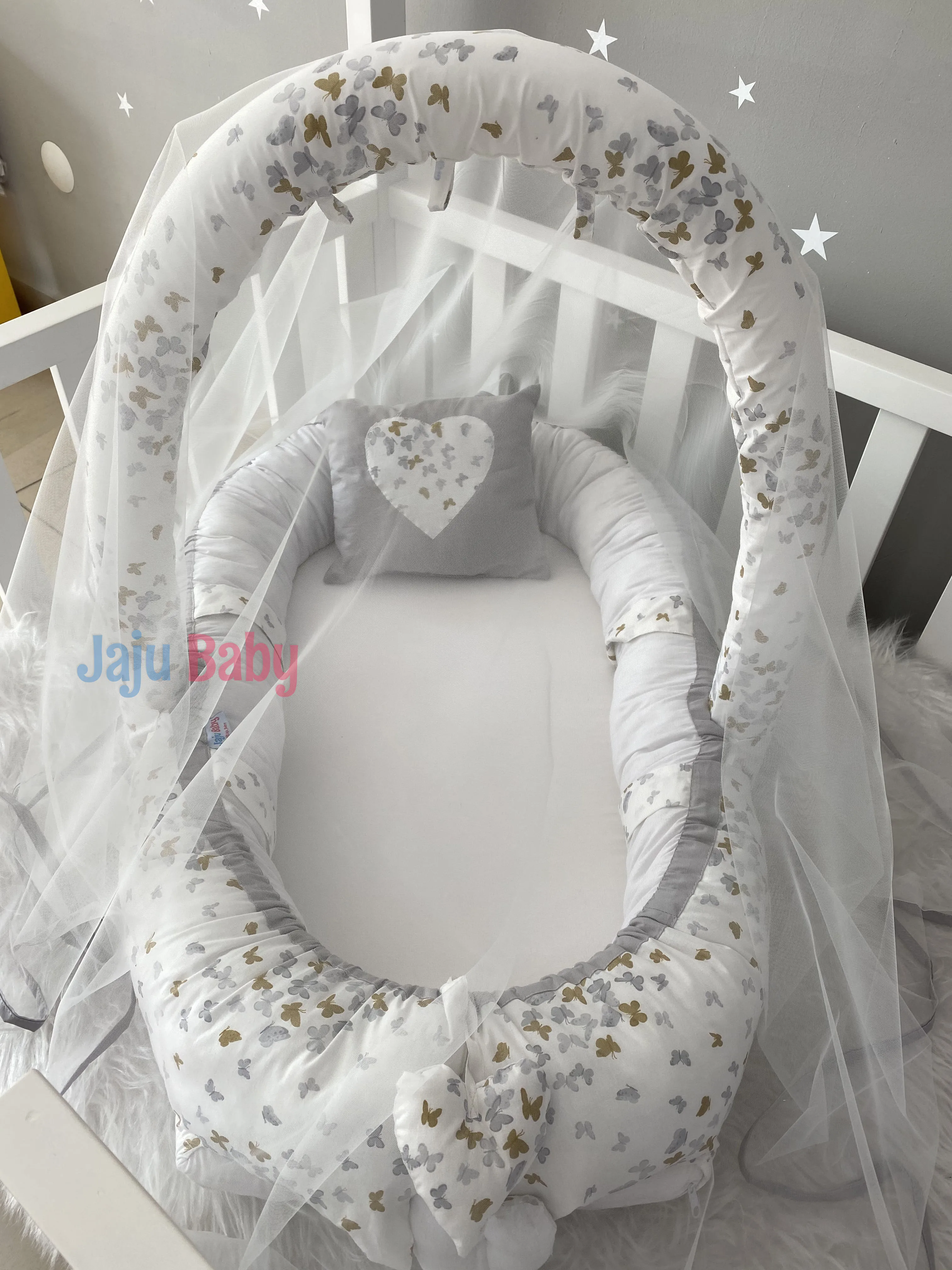 Jaju Baby Handmade Gray Butterfly Patterned Mosquito Net and Toy Apparatus Luxury Design Babynest Mother Side Portable Baby Bed
