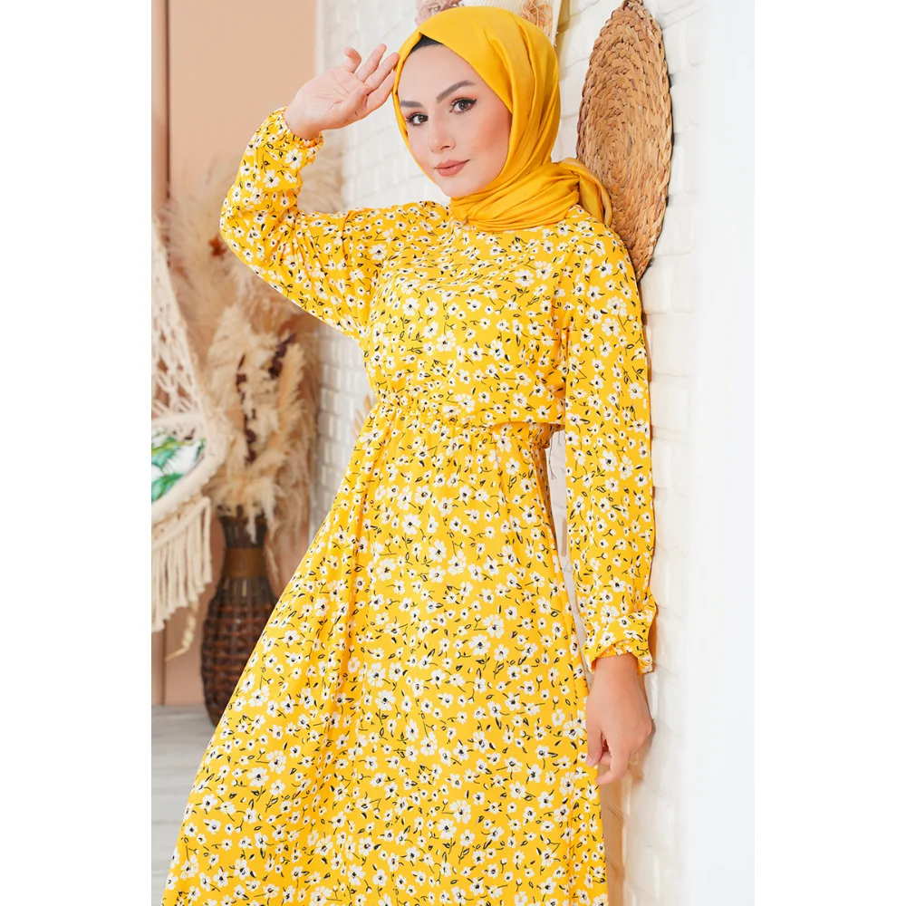 Floral Patterned Elastic Waist Dress muslim dress women abaya kaftan modest dress abayas for women abaya turkey turkish dresses