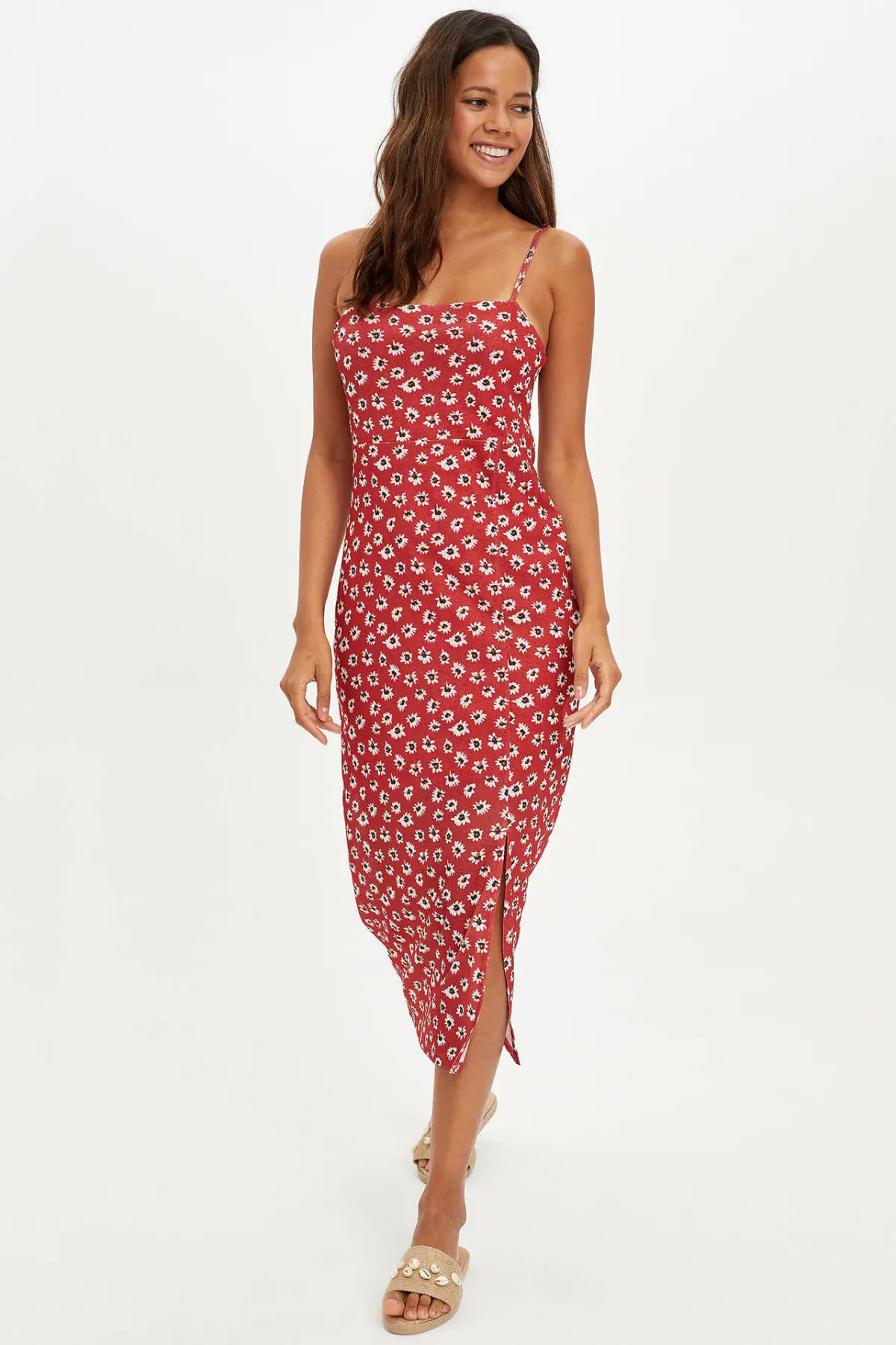 Женское шифоновое трикотажное платье DeFacto летнее облегающее в горошек с длинными