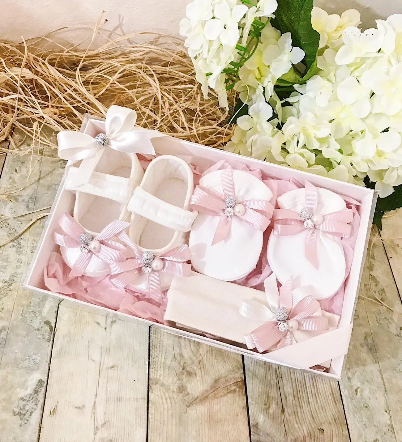 Welcome gift set for newborn baby girl 3 piece gloves headband and shoes