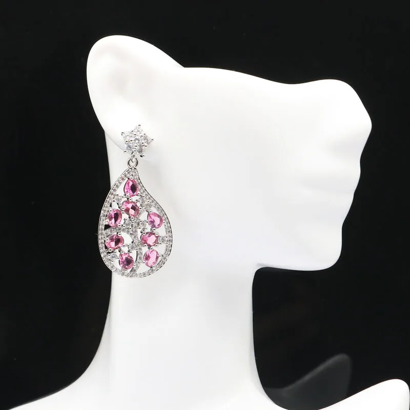 

Серьги серебряные с большим розовым турмалином и фианитом, 41x22 мм