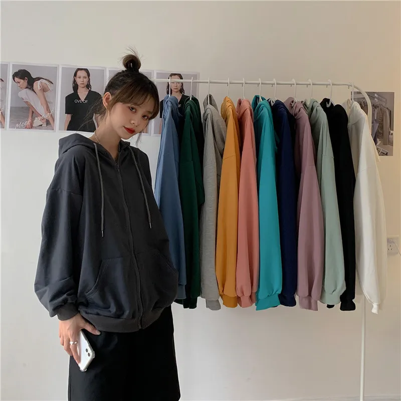 Women Hoodies Harajuku Korean Version Loose Oversized Sweatshirts Vintage Solid Color Long Sleeve Hooded Sweatshirt Zipper Coats