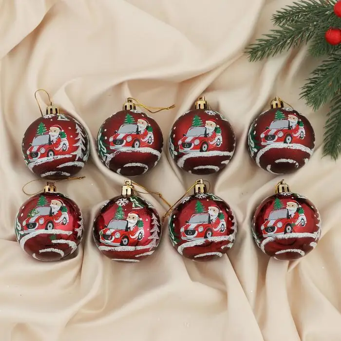 Набор шаров пластик d-6 см 8 шт 'Дед Мороз на автомобиле' бордовый (комплект из 3