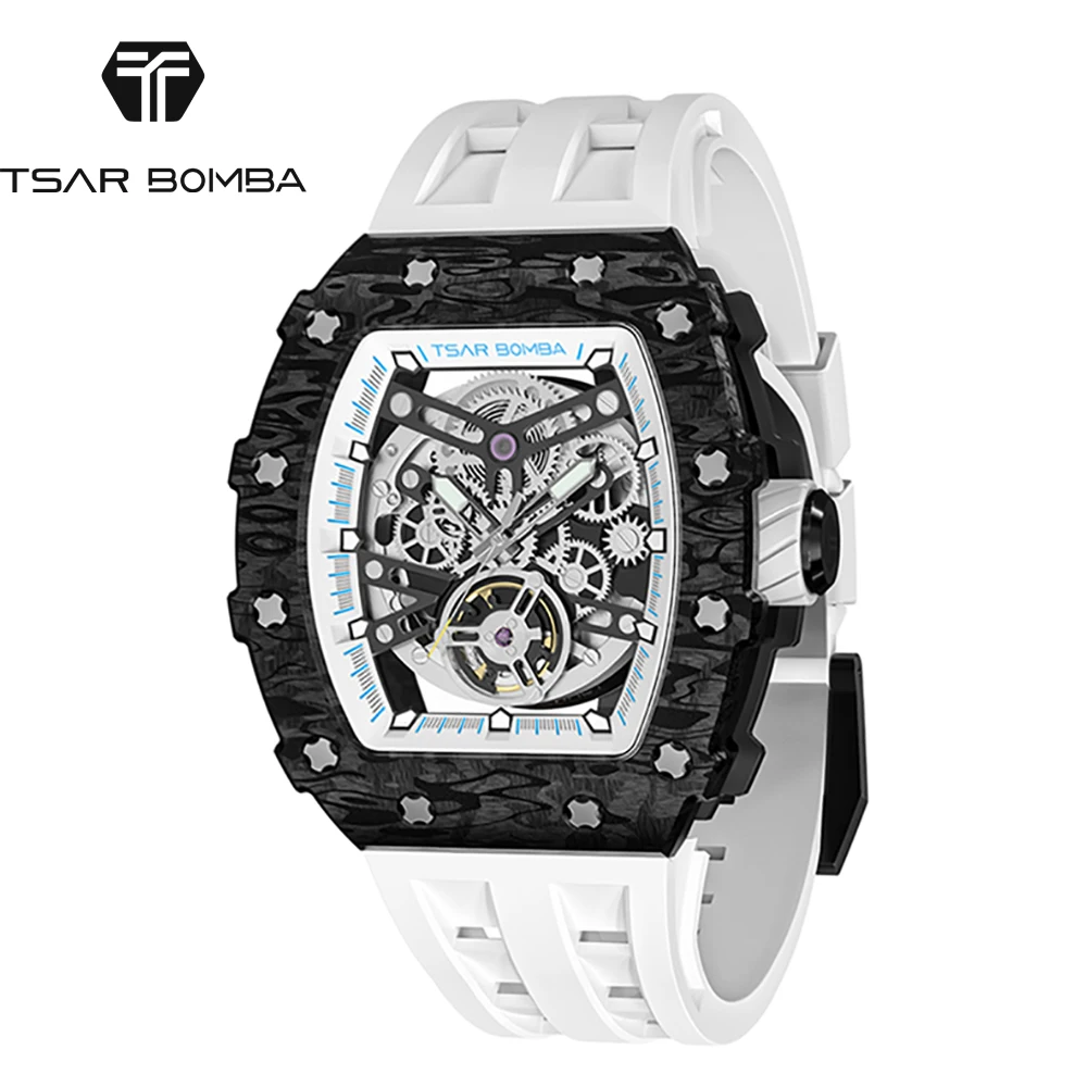 

2022 TSAR BOMBA Luxury Watch for Man Carbon Firber Bezel Automatical Mechanical Wristwatch 5 Bar Waterproof Tonneau Montre Homme