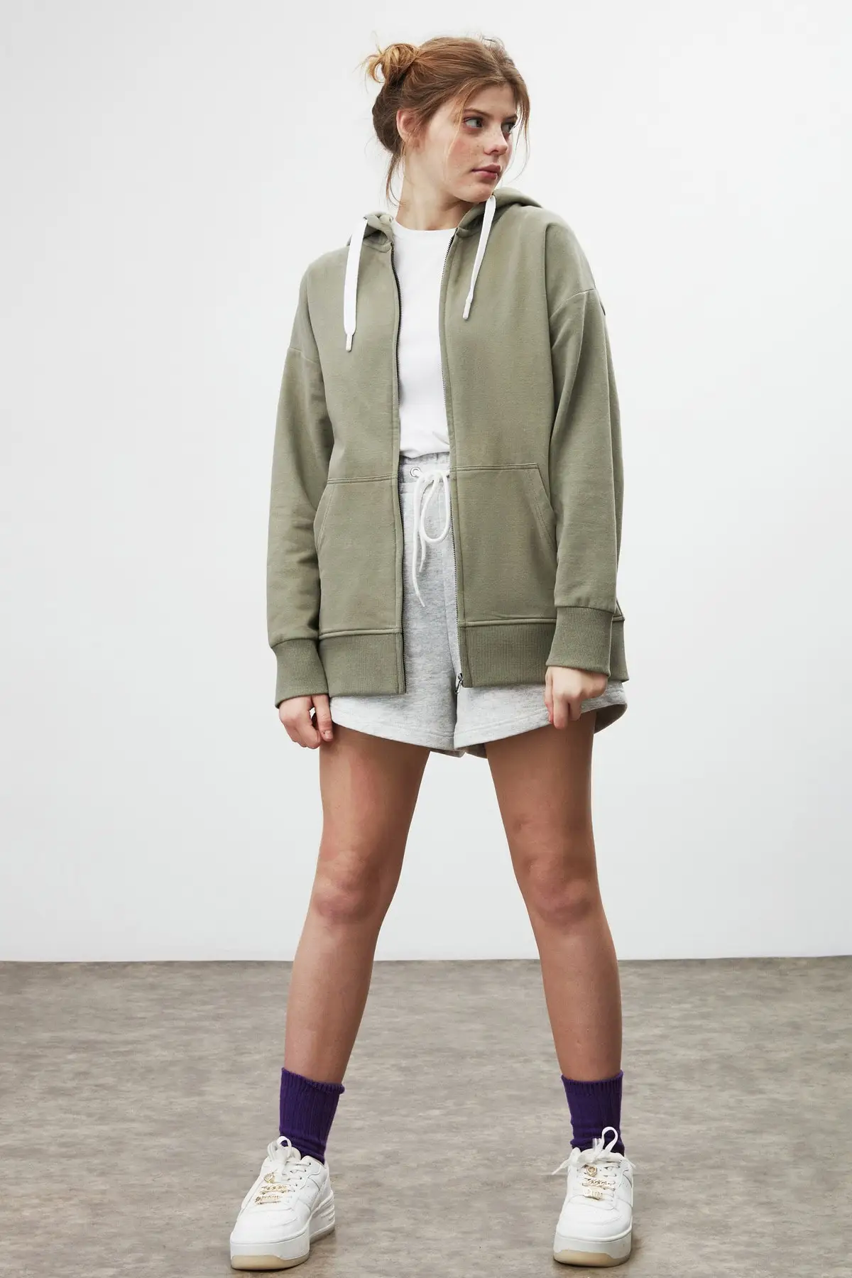 

Women's Khaki Zipper Hooded Sweatshirt