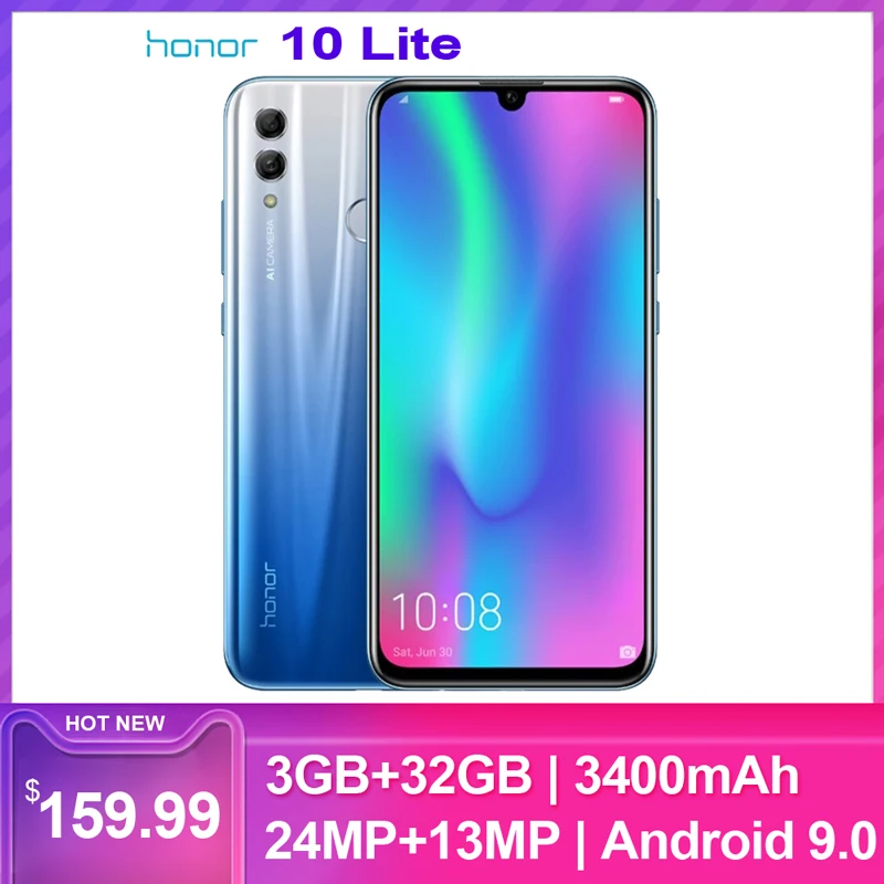 Глобальная версия Honor 10 Lite 6,21 ''FHD 3 ГБ 32 ГБ/64 ГБ 24 Мп+ 13 Мп Android 9,0 Восьмиядерный 3400 мАч сканер отпечатков пальцев