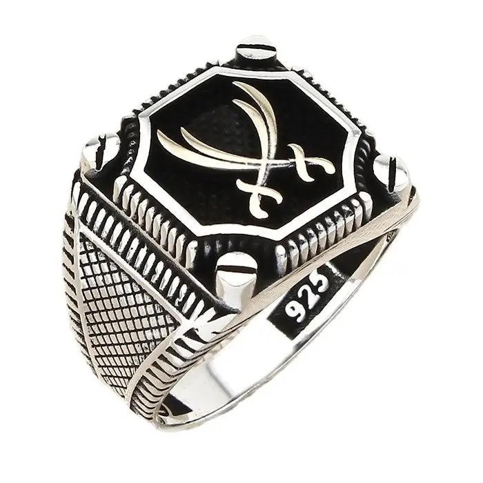 

Серебряное кольцо с зулфикаром, модель меча ручной работы, винтажное мусульманское кольцо для мужчин, Сделано в Турции