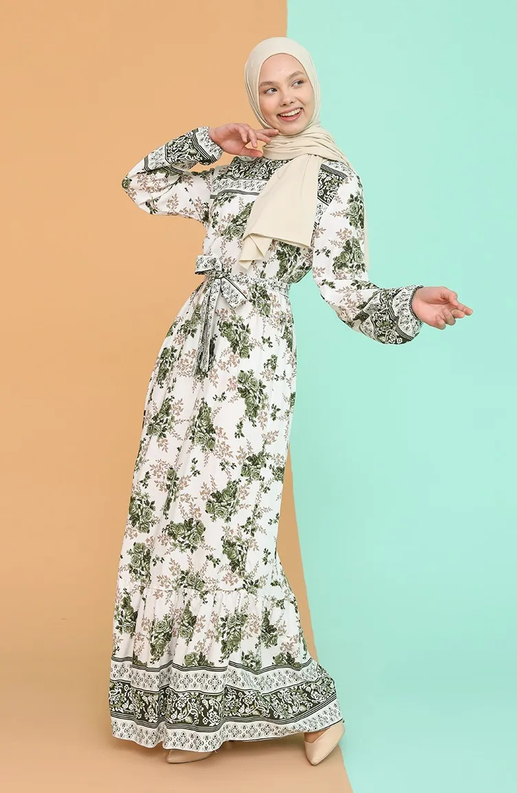 

2021 Patterned Belted Dress for Women Hijab Long Sleeve 100% Viscose Zero Collar Summer Season New Fashıon Muslim Abaya Dubai