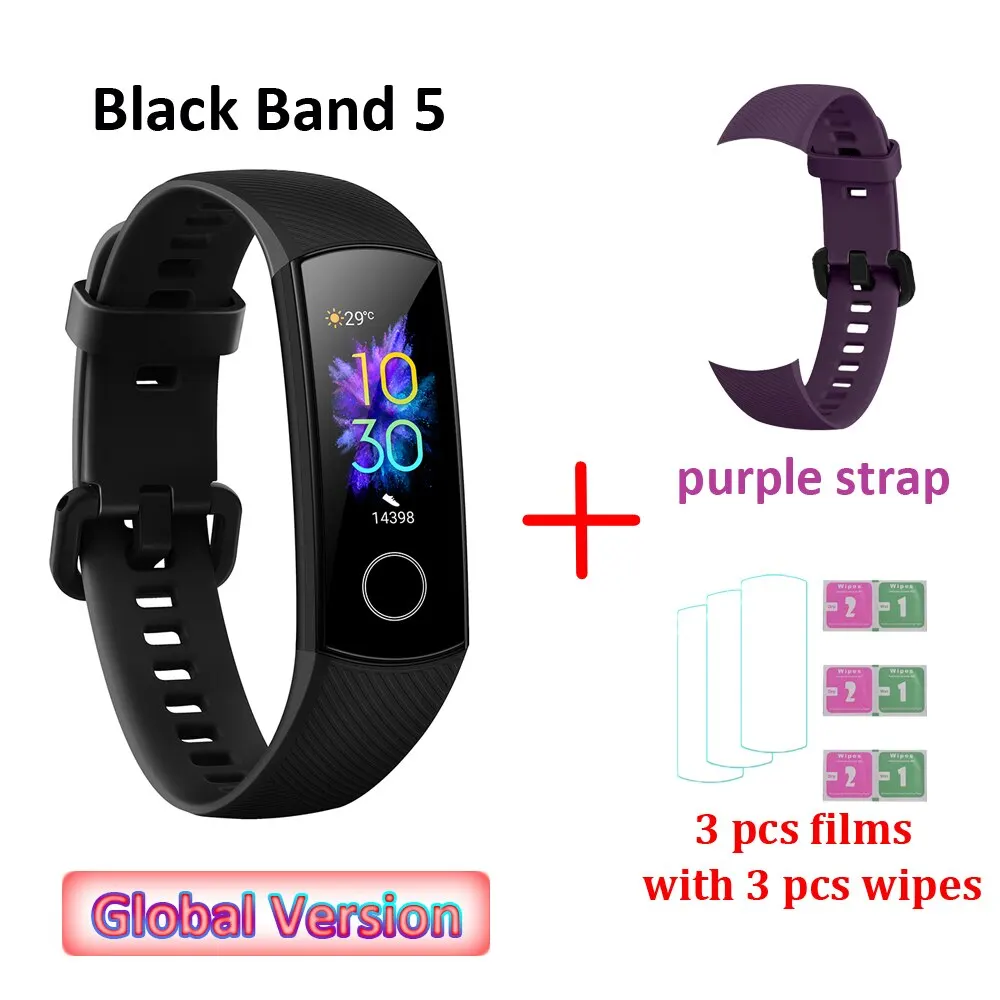 PU strap and 3 films Global Versio huawei Honor Band 5 4, умный Браслет, умный браслет, шагомер, сенсорный экран, для плавания, сердечного ритма, сна, монитор - Цвет: PU strap and 3 films