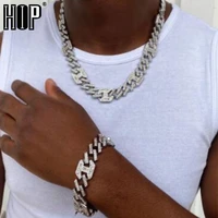 hip hop 17mm silver color bling aaa iced out alloy rhinestones coffee bean prong cuban chain bracelet necklace for men jewelry