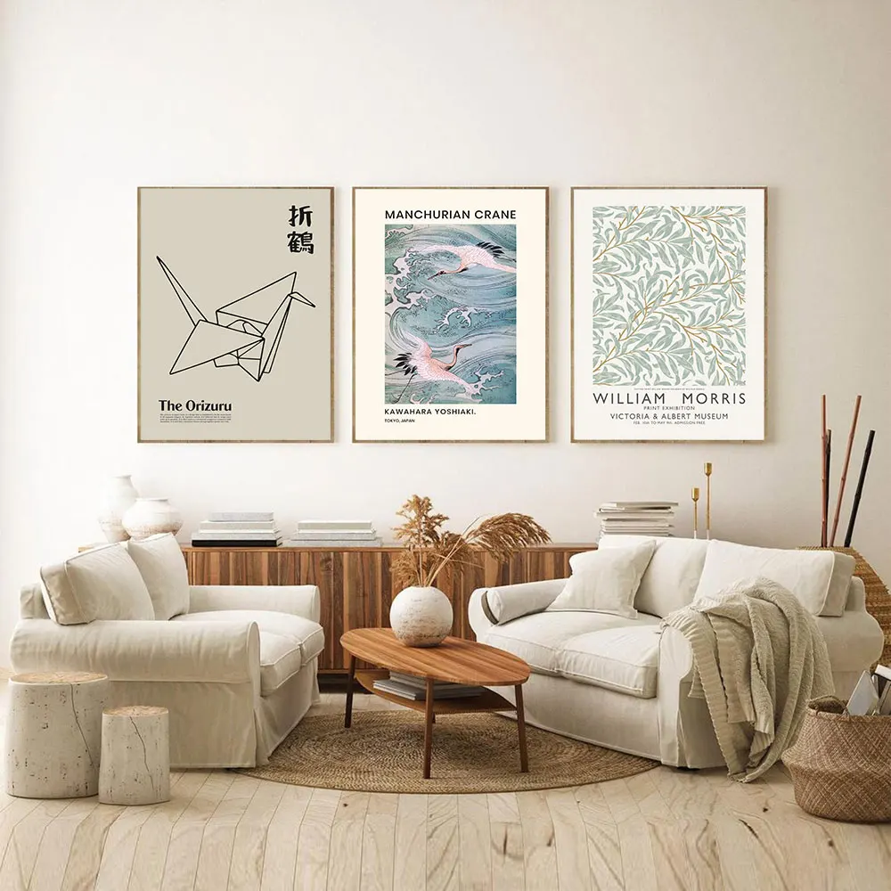 

Japanese Cranes Poster Orizuru Line Art Print Willow Bough Beige Canvas Painting Gallery Wall Picture For Living Room Home Decor