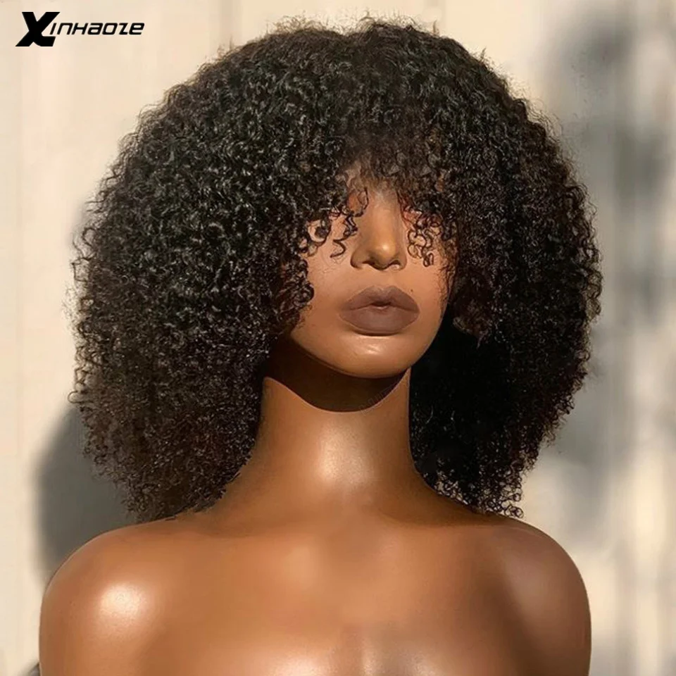 

Afro Kinky Curly Human Hair Wig With Thick Bangs Natural Color Short Bob Wigs For Black Women 180% Density 13x4 Lace Frontal Wig