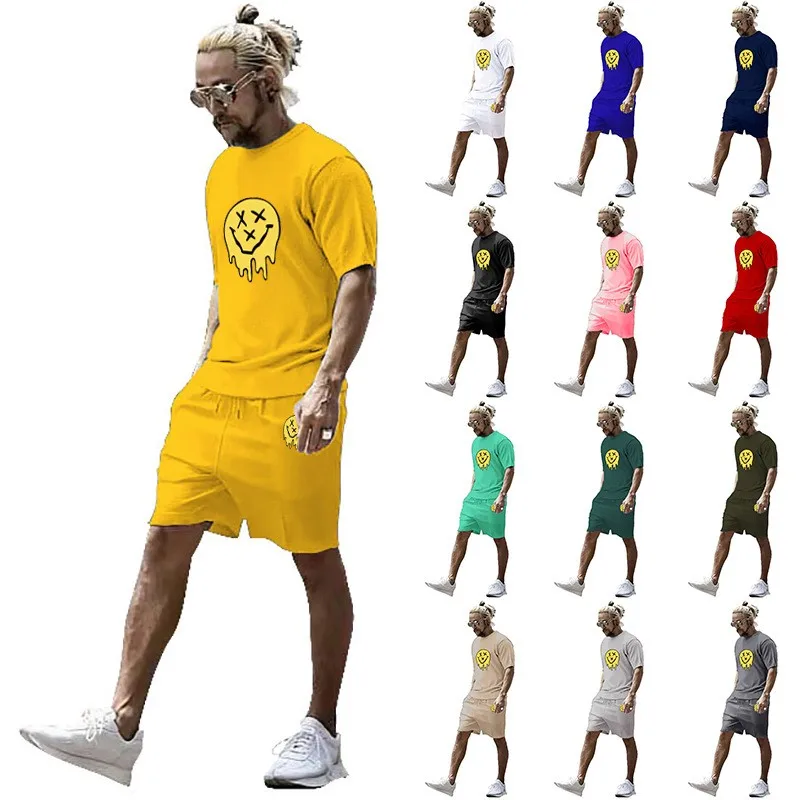 

Summer Men's sportswear set Smiley face 3D printed men's suits 2 casual O-collar shirts + men's sportswear shorts