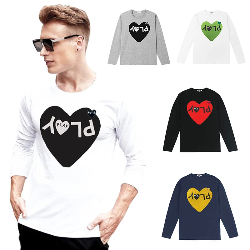 

PLAY Men Women Long Sleeve Letter Heart Print Embroidered Cotton Spring Autumn O-Neck Loose Casual Couple T-Shirt
