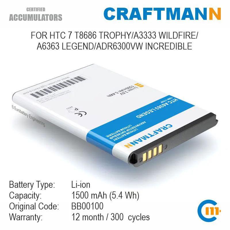 

Craftmann Battery for HTC 7 T8686 TROPHY/A3333 WILDFIRE/A6363 LEGEND/ADR6300VW INCREDIBLE (BB00100)