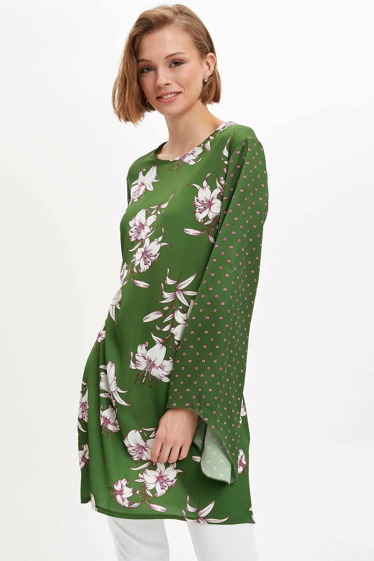 Женские шифоновые топы DeFacto Длинные свободные рубашки с круглым вырезом и