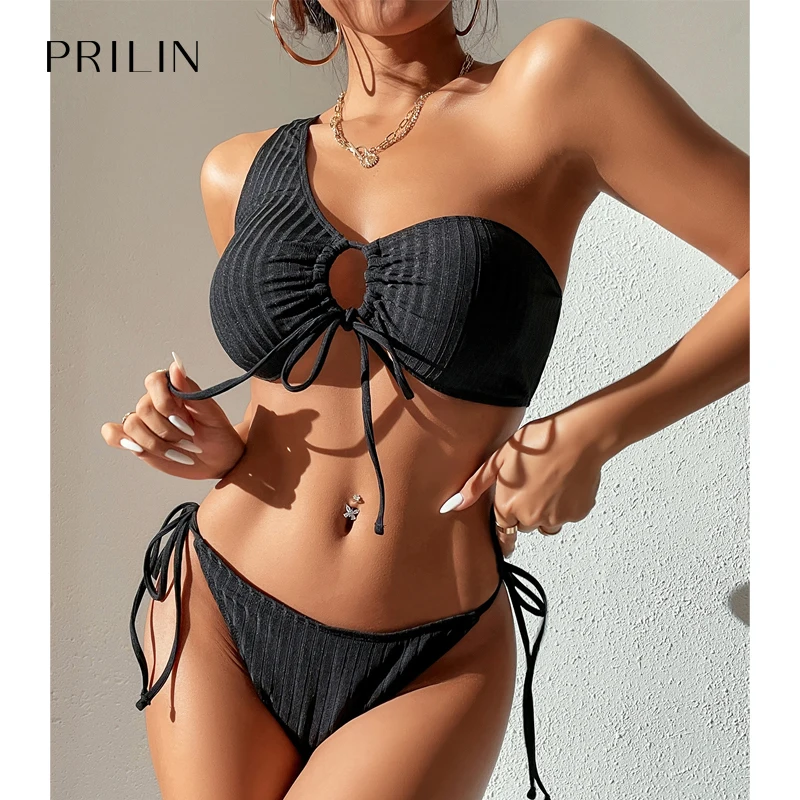 

Women Swimsuit Black Bikini Girl One-Shoulder Swimsuit Briefs Lace up Bathing Suit Bather Strapless Beach SolidSwimwear